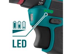 akkus fúrócsavarozó, 16 V, Li-ion, , kefementes, 2db akku, 1db töltő, 2000 mAh, 50/25 Nm