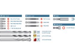 behajtó és fúró klt. 50 db Cr.V., lapos, PH, PZ, HEX, T és TTa illetve fa-, fém- és betonfúrók, műanyag tartóban