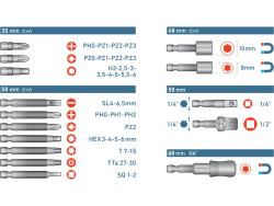 behajtó klt. 37 db Cr.V., lapos, PH, PZ, HEX, TTa, SQ, dugófej, bittartó szár,  műanyag tartóban