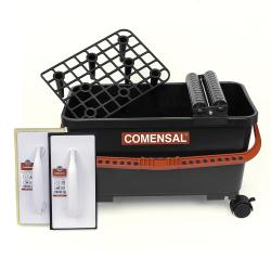 burkoló klt.; 24l-es vödör, 2db simító, rács, lehúzó hengerek, fékezhető kerékkel