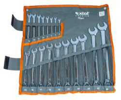 csillag-villás kulcs klt. hosszított, CrV, elliptikus, polírozott, 18db, 6-30mm, vászon tartóban