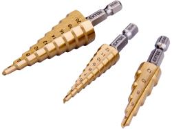 lépcsős fémfúró klt. 3db; (3-12mm/1mm lépcsők,4-12mm/2mm,4-20mm/2mm) befogás:1/4