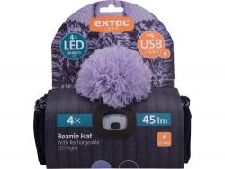 sapka, kék/lila pomponnal, kötött, kivehető LED homloklámpával, 4×45 Lumen; USB tölthető Li-ion, 3funkció (100%-75%-50%)