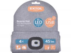 sapka, szürke, kötött, kivehető LED homloklámpával, 4×45 Lumen; USB tölthető Li-ion akku, 3funkció (100%-75%-50% fénye.)