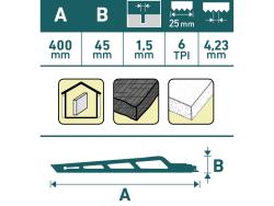 szablyafűrészlap 1db, Bosch befogás, 400 mm, 6TPI, szigetelő anyagokhoz, egyenes, durva vágás